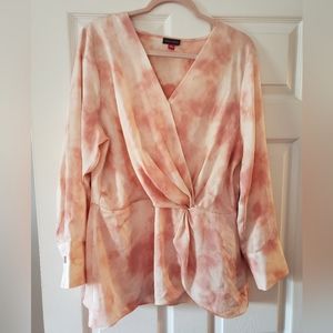 Vince Camuto women's faux wrap blouse in subtle rose & cream watercolor print.